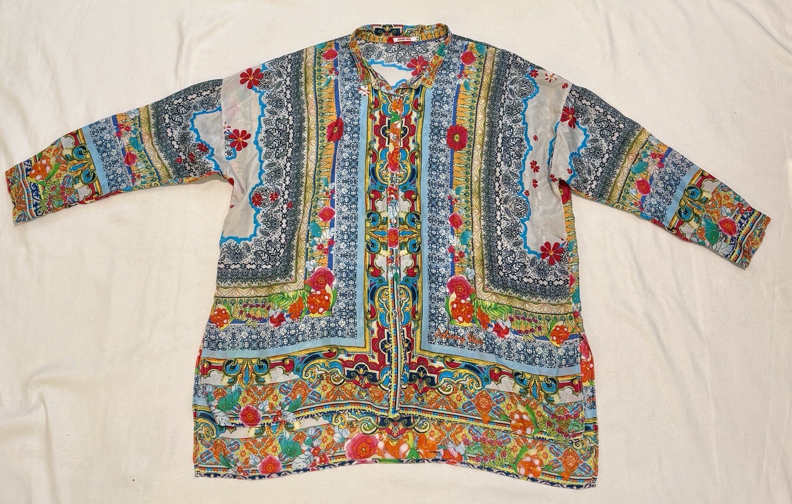 Johnny Was Floral Scarf Delia Kimono Tunic Buttons 100% Silk Blouse OVERSIZED M