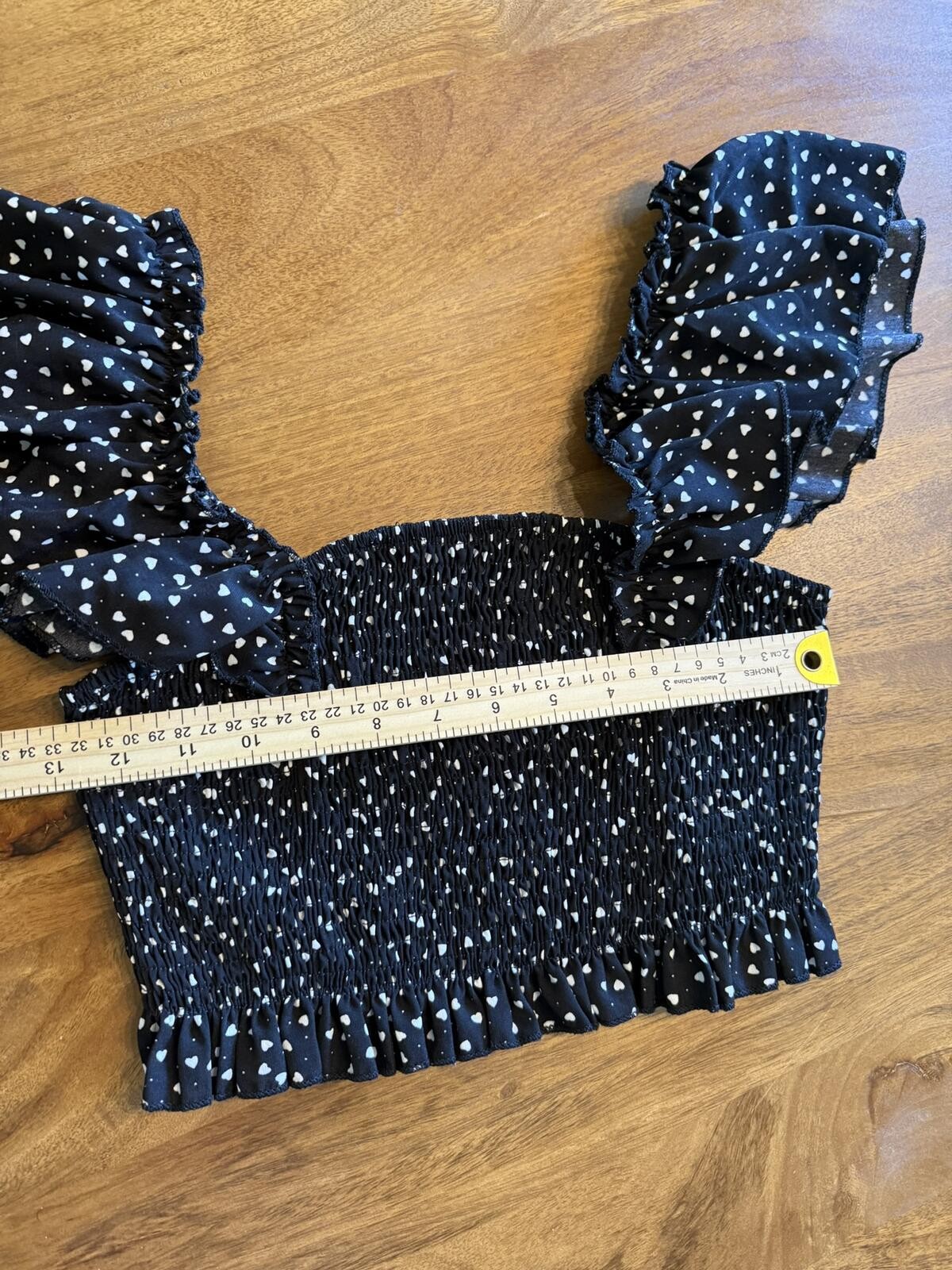 Black Smocked Crop Top with Ruffled Heart-Print Straps – Shein Size M