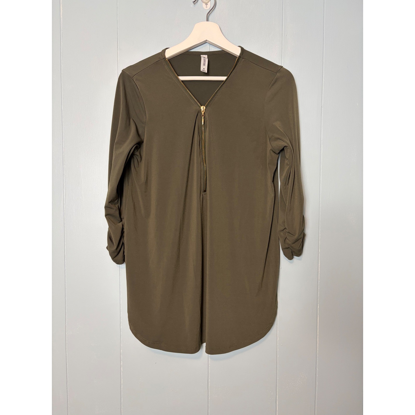 Zenana Outfitters Olive Green Half Zip Roll Tab Sleeve Tunic Blouse IT-2369AB M