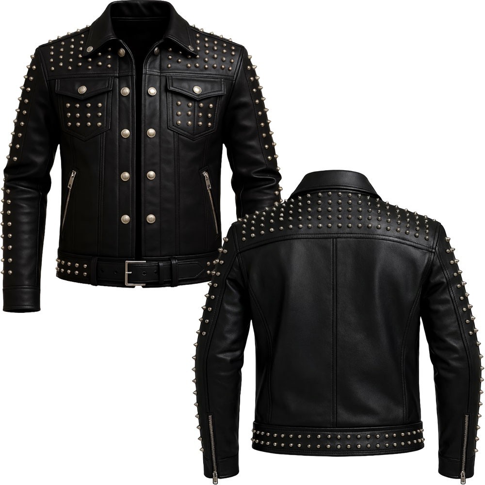 Men’s Black Studded Leather Jacket Gothic Punk Biker Moto Real Leather Coat