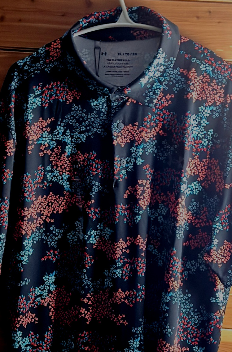 NWT Under Armour Playoff Polo Shirt Mens XL Floral Leaf Golf Black Blue Coral
