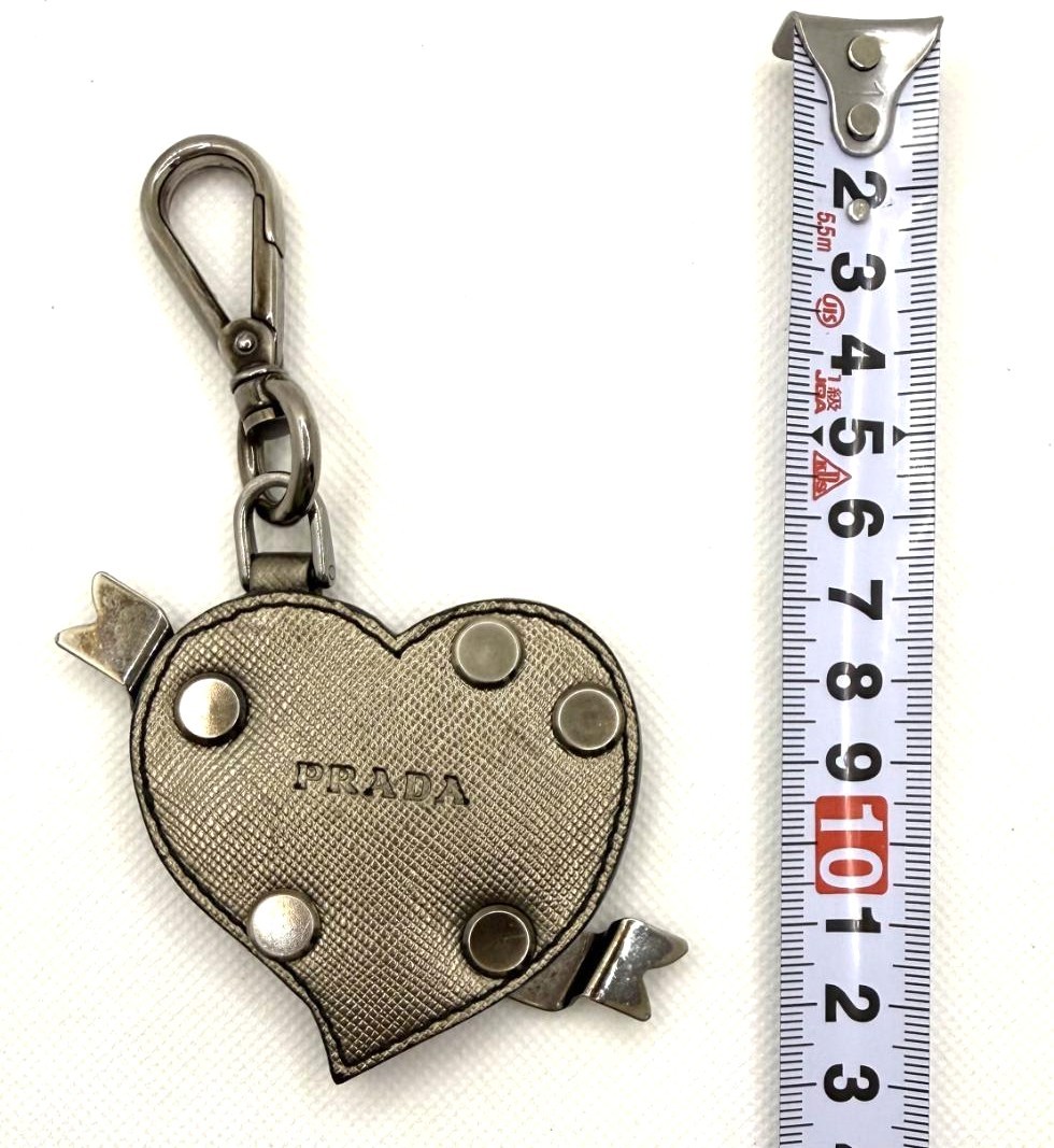 PRADA Heart Charm Key Ring Bag Charm Silver Saffiano Leather Studs 2.8×2.8in.