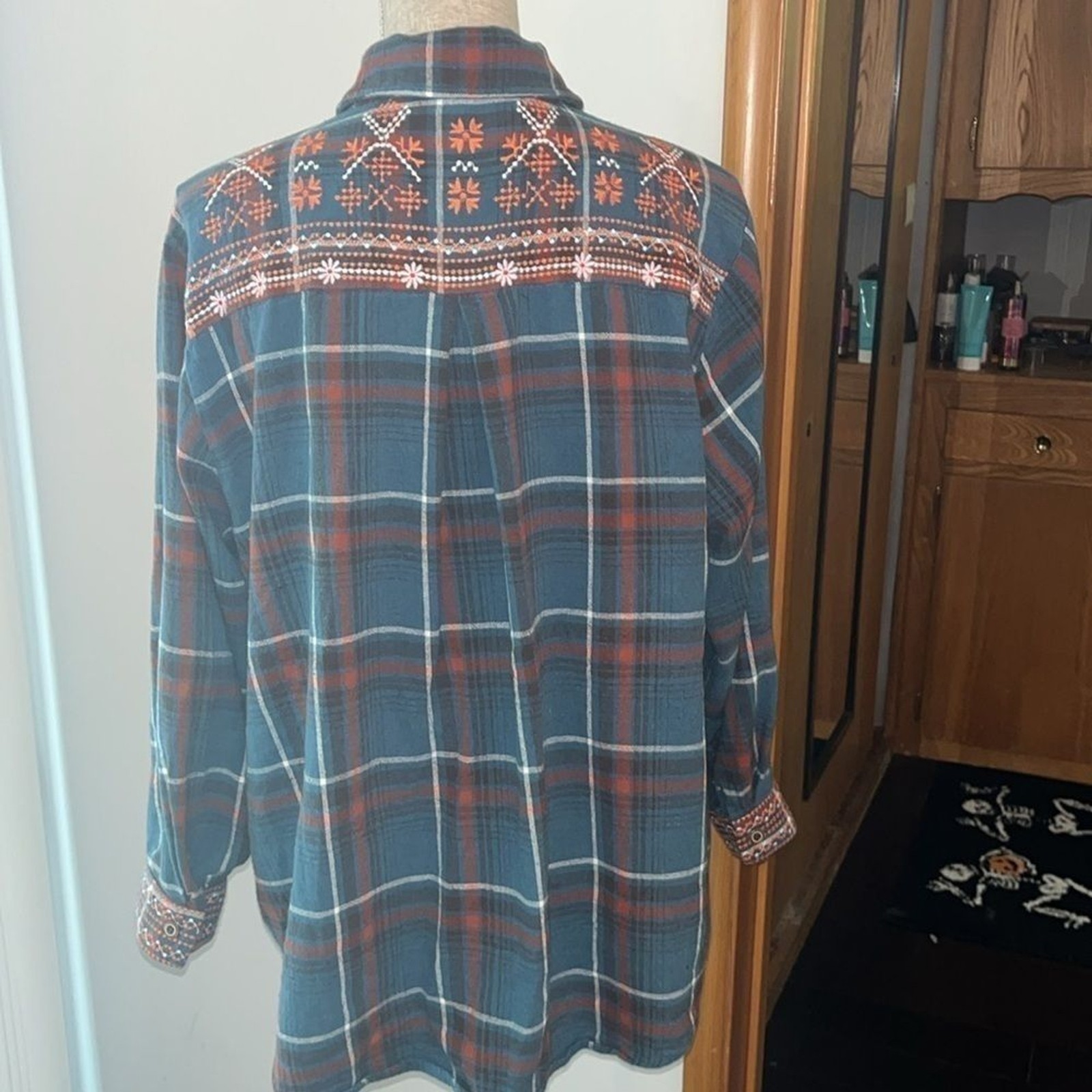 🤎 M Embroidered Flannel Tunic Longline Pockets Rodeo Boho Festival Art To Wear