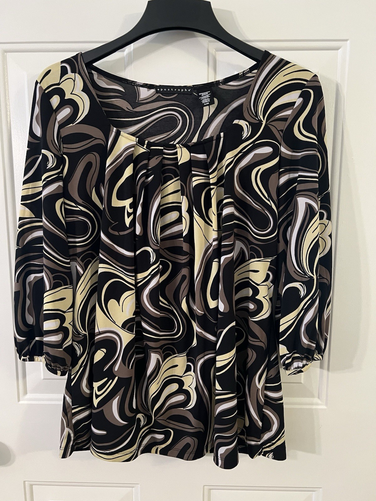 Apostrophe Women’s Top Blouse XL Black Brown Yellow Extra Large 3/4 Sleeves EUC