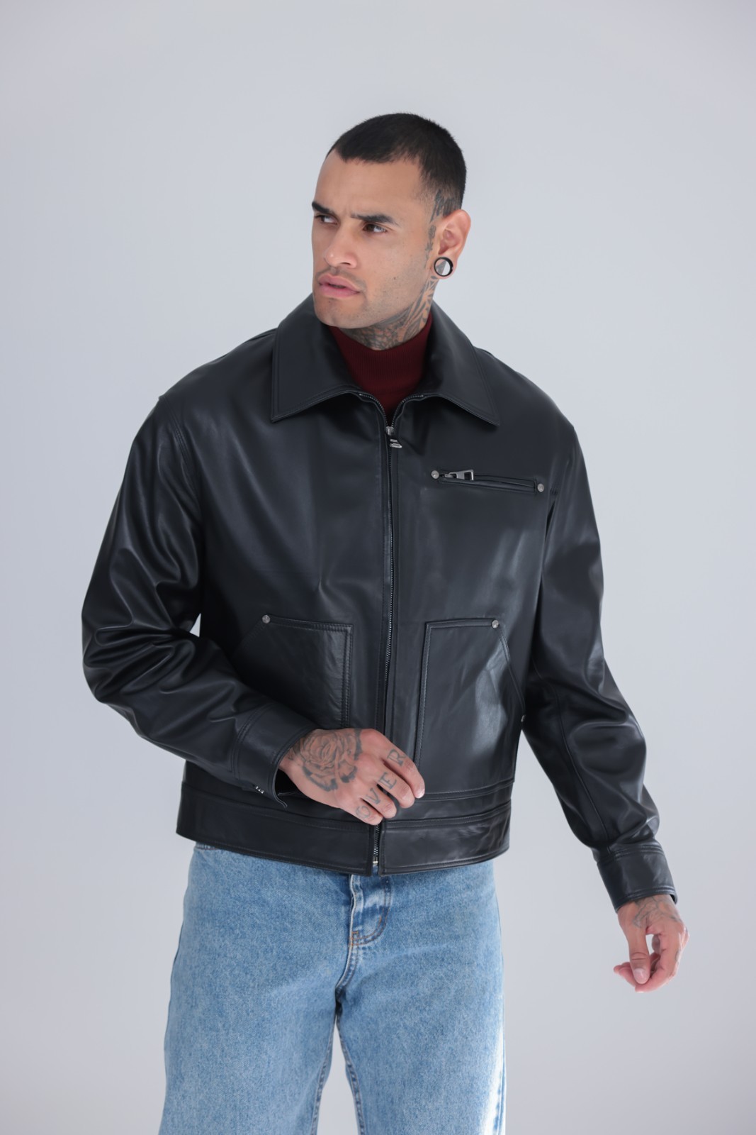 Men’s Genuine Leather Cafe Racer Jacket Black Zip Point Collar 25″ – 65cm