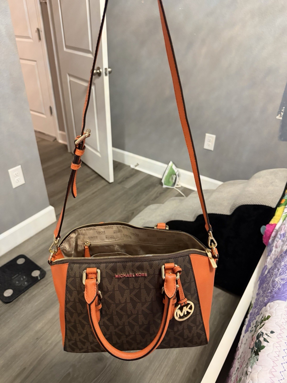 Michael Kors L Logo Satchel Top Handle Brown/Orange Gold Zip, Detachable Strap