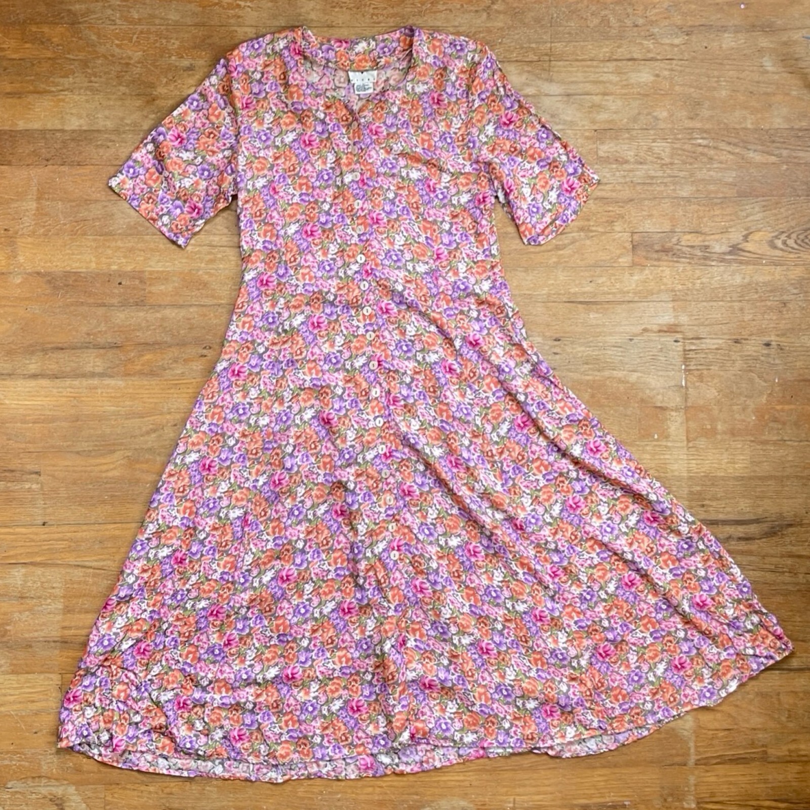 Vintage Floral Print Midi Dress Size Medium 1980s Colorful Button Down Frock