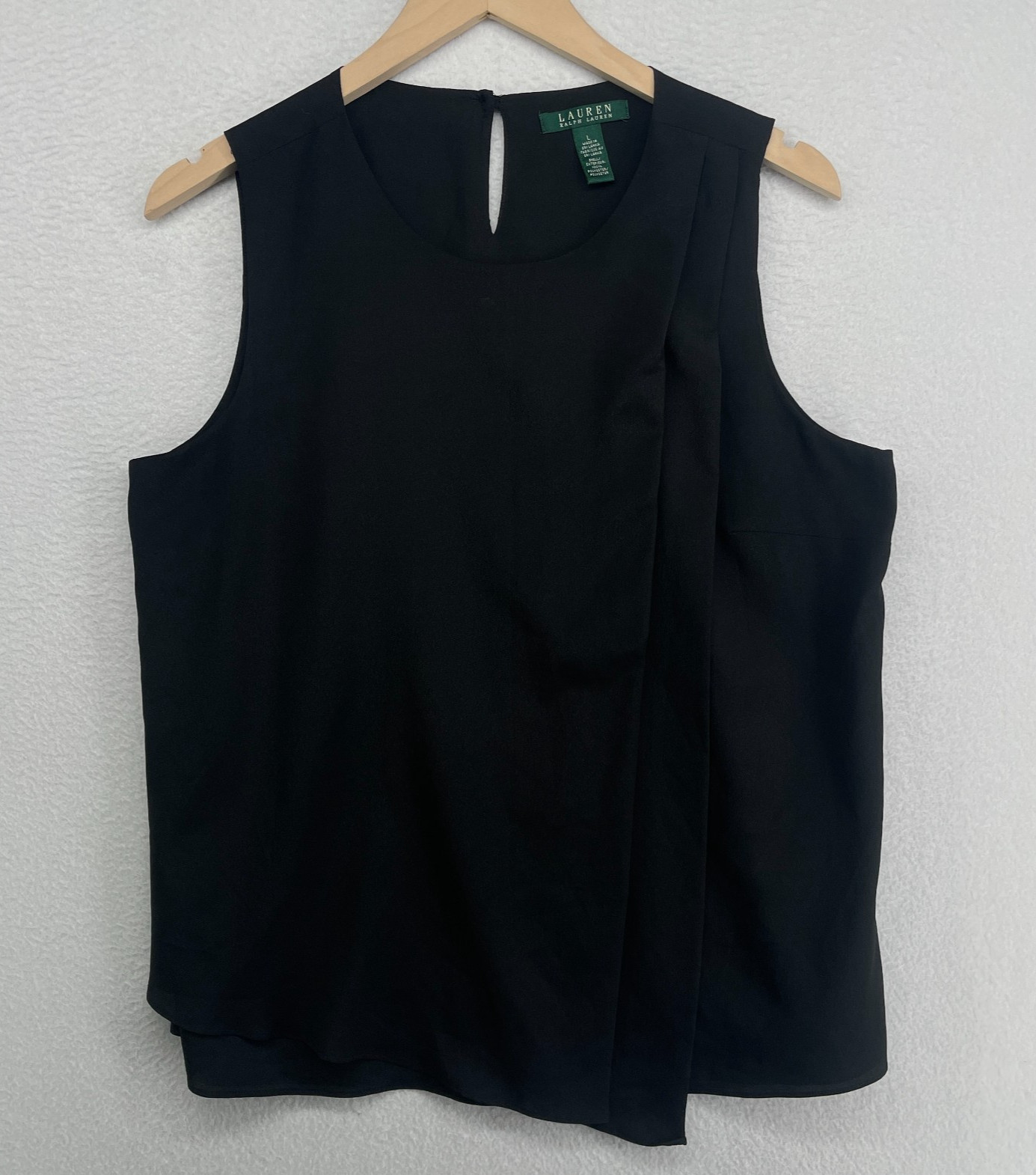 LAUREN RALPH LAUREN Top L Pleated Crepe Asymmetric Sleeveless Back Keyhole Black