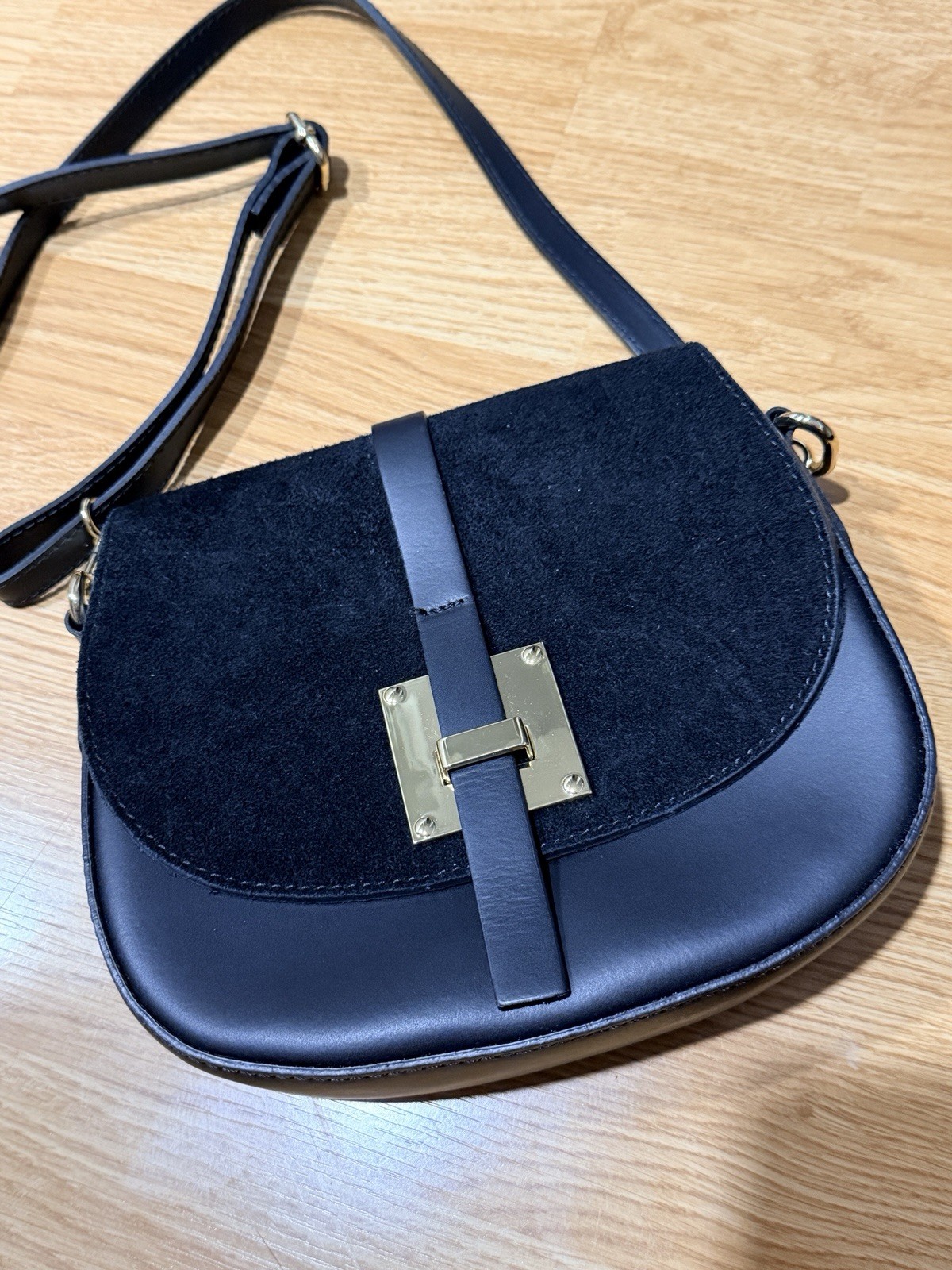 Italian Black Leather & Suede Saddle Bag Crossbody Gold Hardware Made in Italy