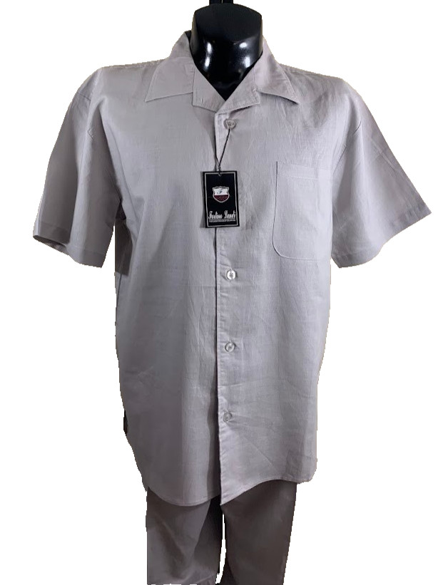 Fortino Landi Mens 2pc Walking Suit Linen Shirt Pleated Pants Set Large Gray 36
