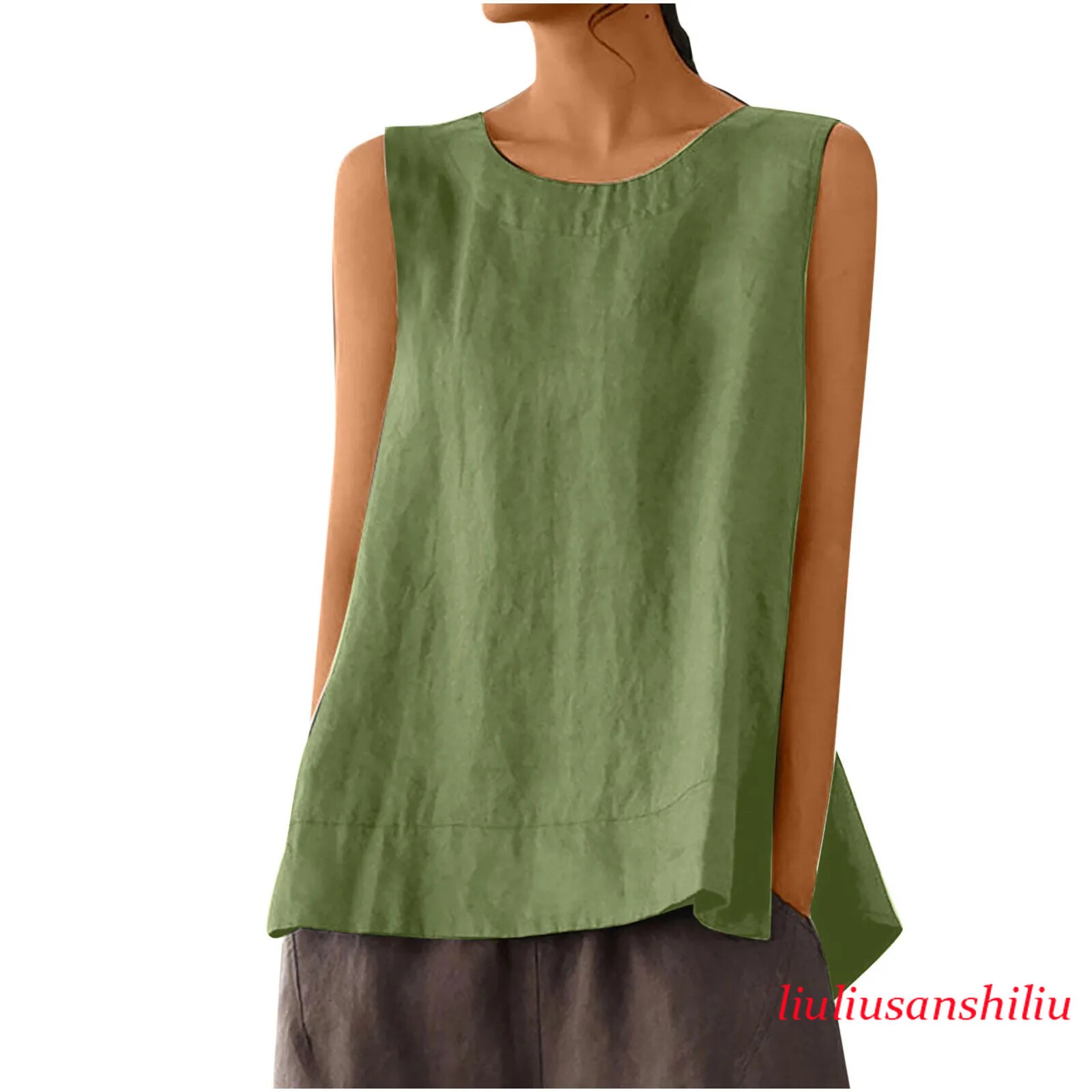Solid Color Casual Cotton Linen Sleeveless Round Neck Soft and Breathable Top