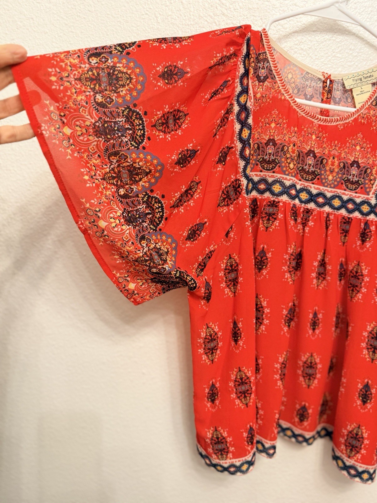 Flying Tomato Boho Blouse Size L Red Kimono Boho Babydoll Peasant Festival Top