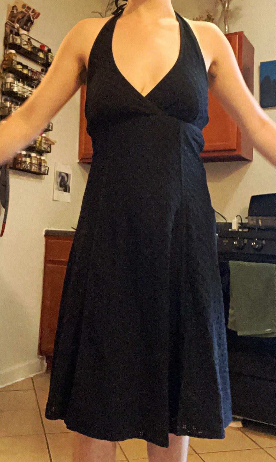 Liz Claiborne Black Eyelet Fit & Flare Halter V-Neck Dress Knee Size 6