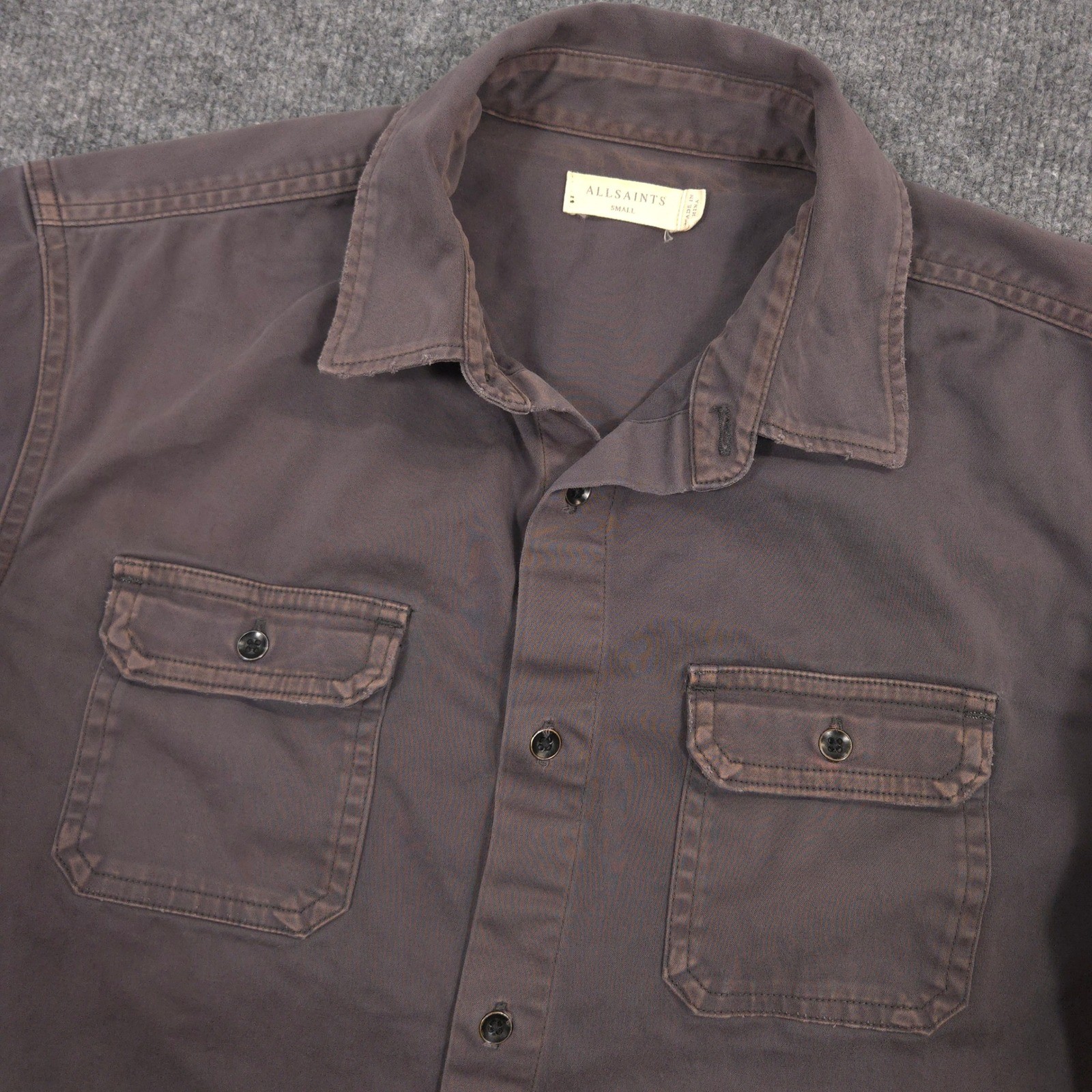 AllSaints Bryant Work Shirt Mens Small Gray Garment Washed Utility Flap Pockets