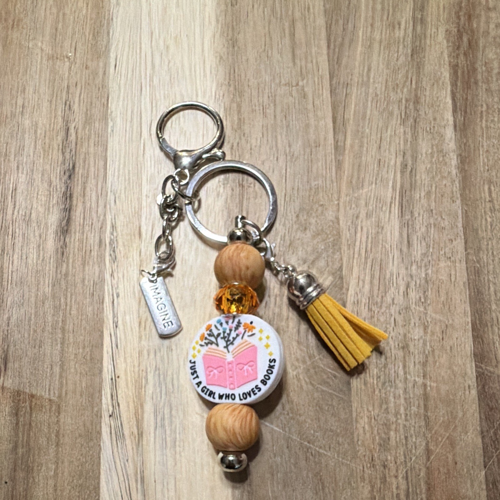 Beaded Tassel Charm Key Chain Keyring Yellow Silver Tone Detachable Printed