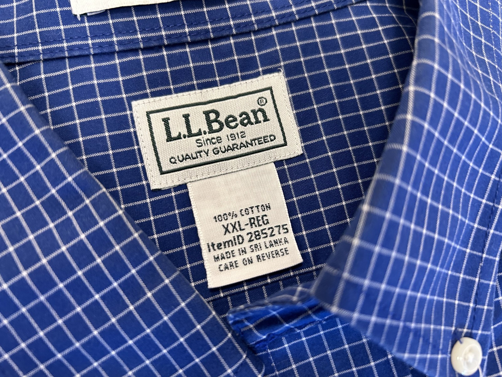 L.L. Bean Button Down Shirt XXL Short Sleeve Reg Fit Blue Plaid Cotton Casual