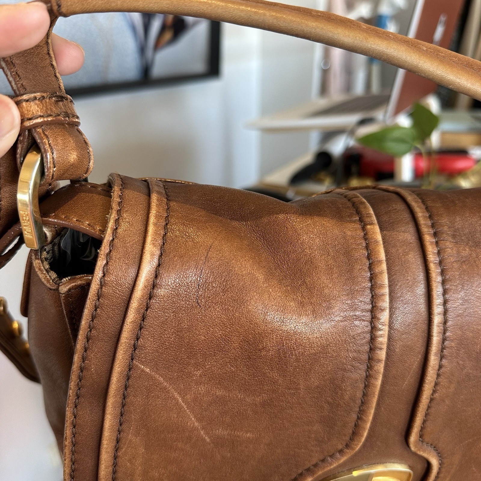 Fendi FF Vintage Brown Tan Leather Medium Anna Shoulder Bag