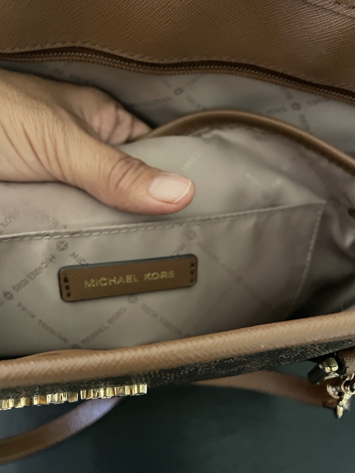 Michael Kors Monogram Logo Brown Zip Top Medium Tote Gold Hardware