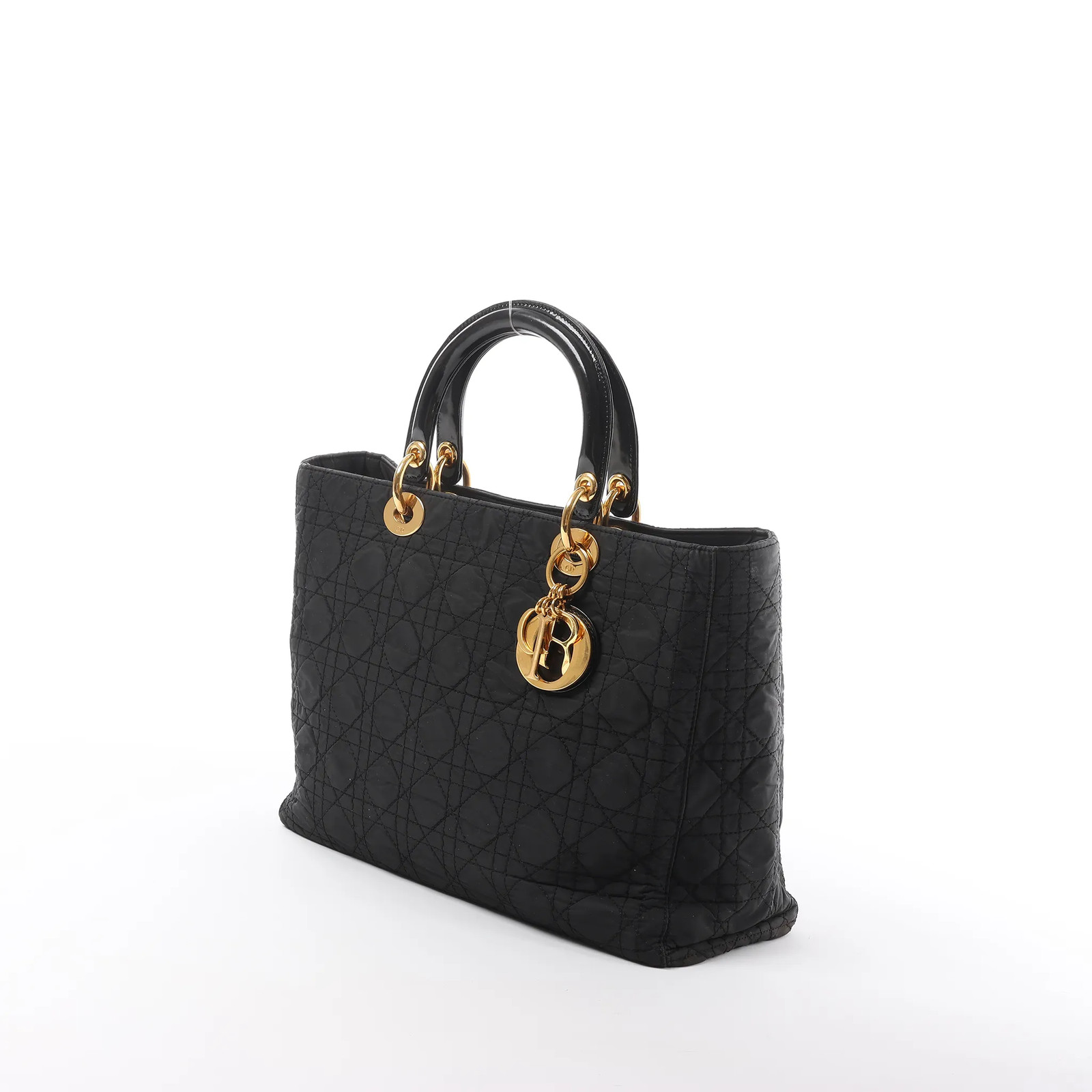 Dior Lady Dior Large Cannage Nylon x Patent Leather 2Way Handbag in Black