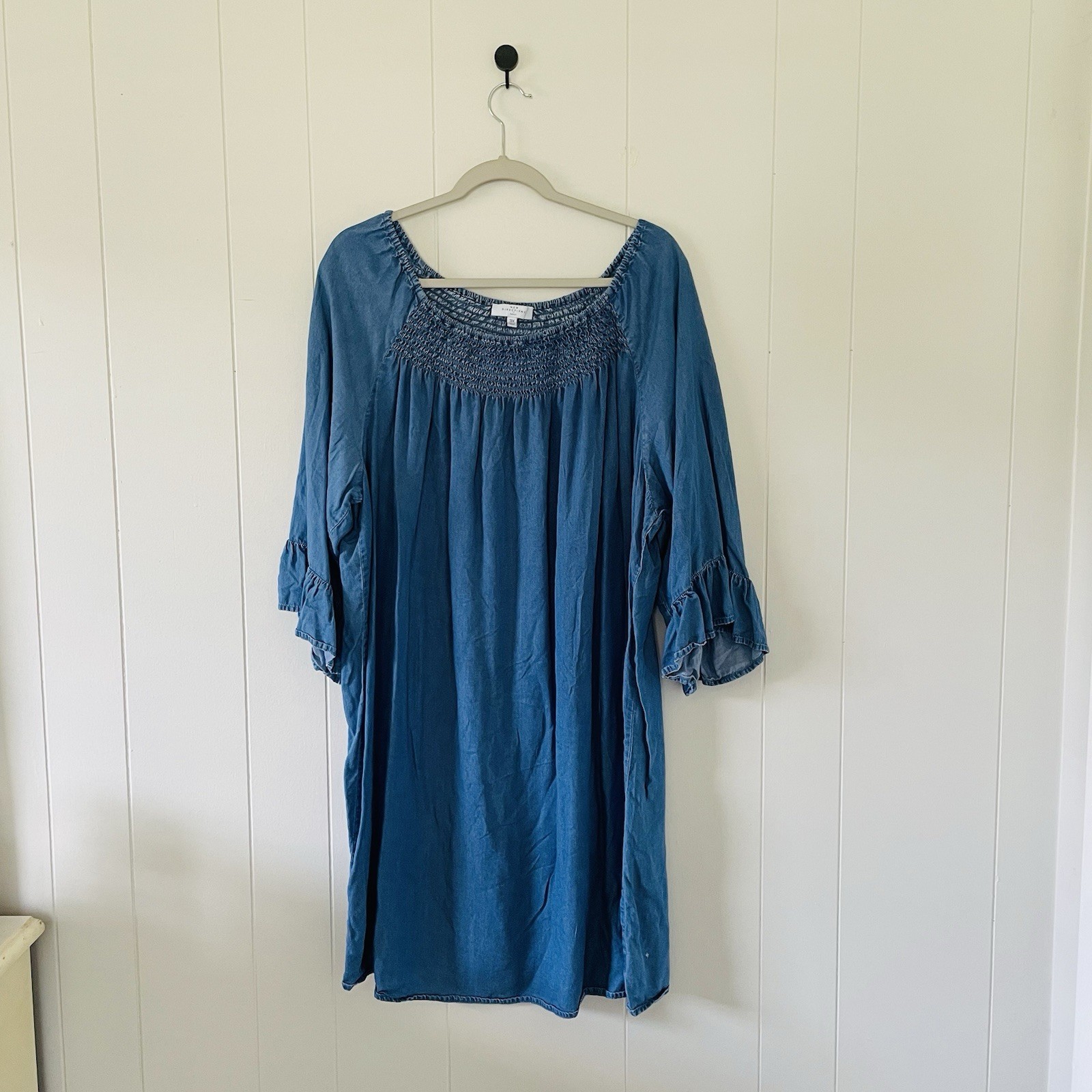 New Directions Blue Chambray Smocked Scoop Neck Shift Dress 3/4 Sleeve 3X