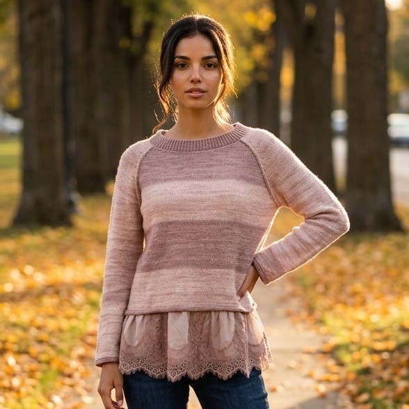 No-Na Italy Womens S Mauve Striped Knit Sweater Lace Trim Layered Alpaca Wool S