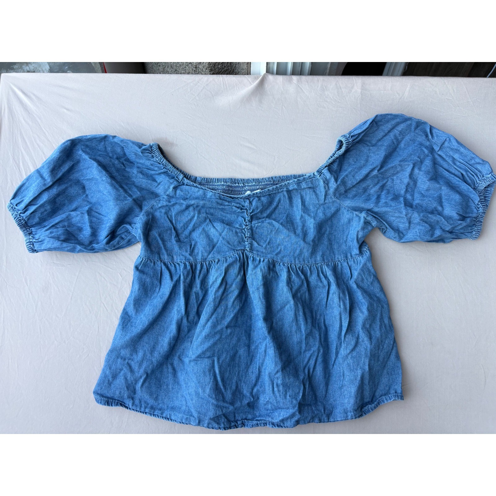 Wild Fable Blue Chambray Babydoll Puff Sleeve Smocked Back Denim Top Blouse