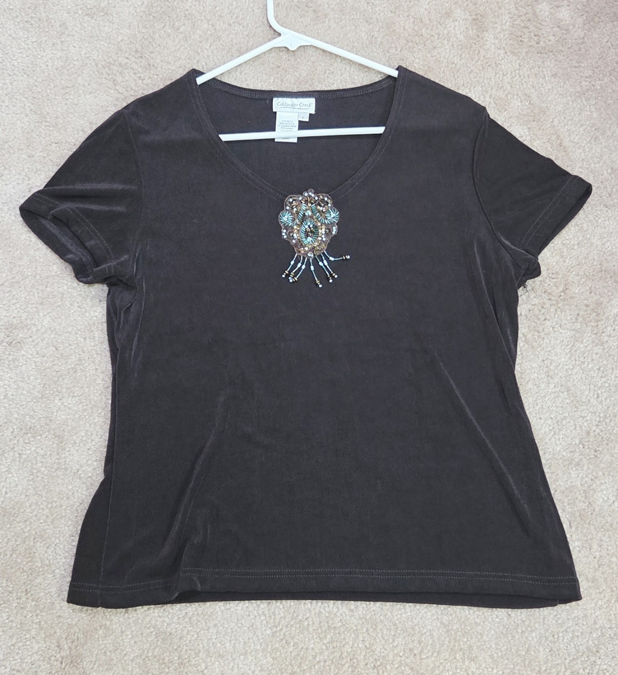 Coldwater Creek Black Velour Beaded Embroidered Owl V-Neck Stretch Tee L