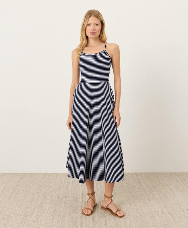 PACT Organic Fit & Flare Midi Dress – Hudson Stripe Navy Blue NEW