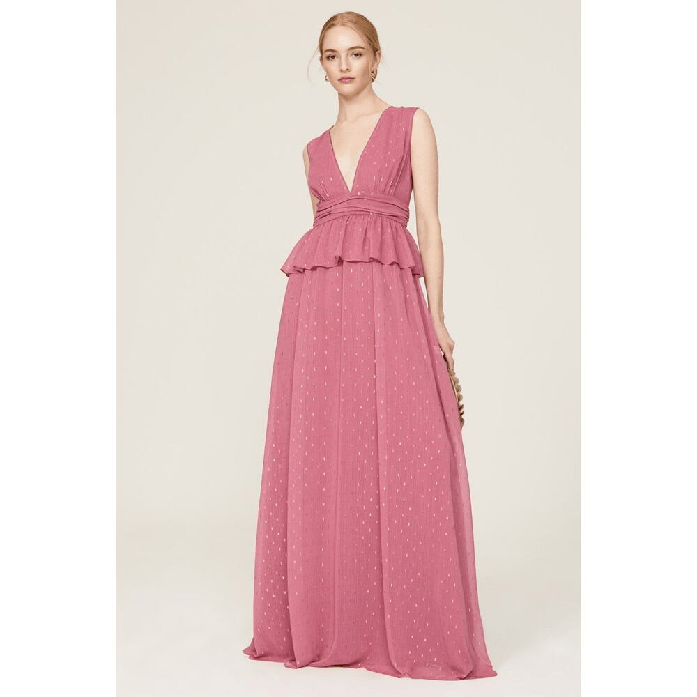 LDT Maxi Gown Women’s 4 Pink Rose Sleeveless V-Neck Peplum Waist A-Line RTR