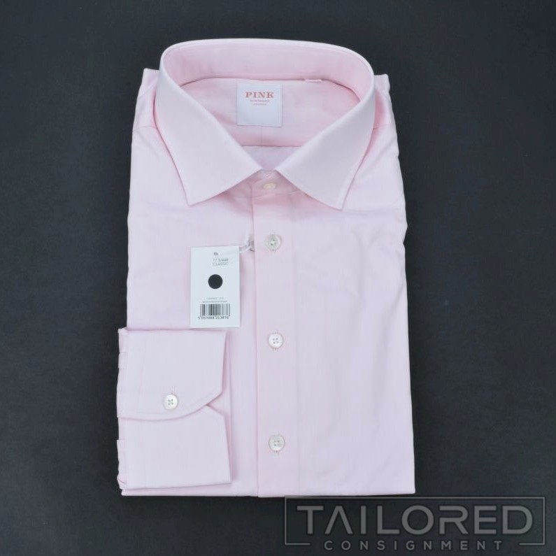 NWT – THOMAS PINK Solid Pink Cotton Luxury Classic Fit Dress Shirt – 17.5
