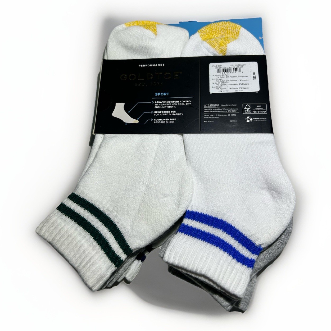 New Goldtoe Men 6 Pair Performance Cushioned Sole Quarter Socks Size 6-12.5