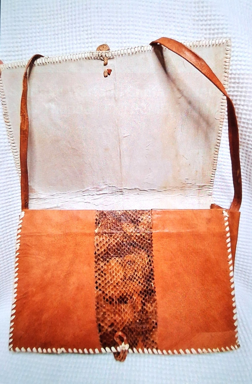 Vintage Handcrafted African Leather Snakeskin Crossbody Bag Whipstitch Clutch