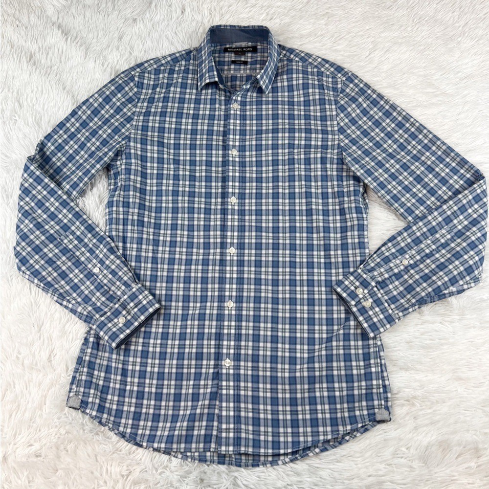 Michael Kors Men’s long sleeve slim fit plaid button up shirt in blue size S