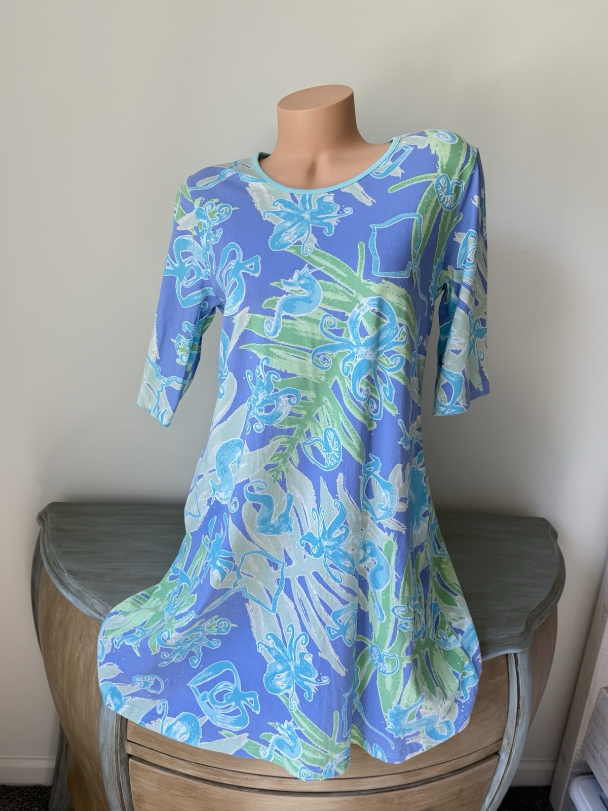 Ana Clare T Shirt Dress L under Sea Horse Fish Octopus Lavender Coastal Pockets