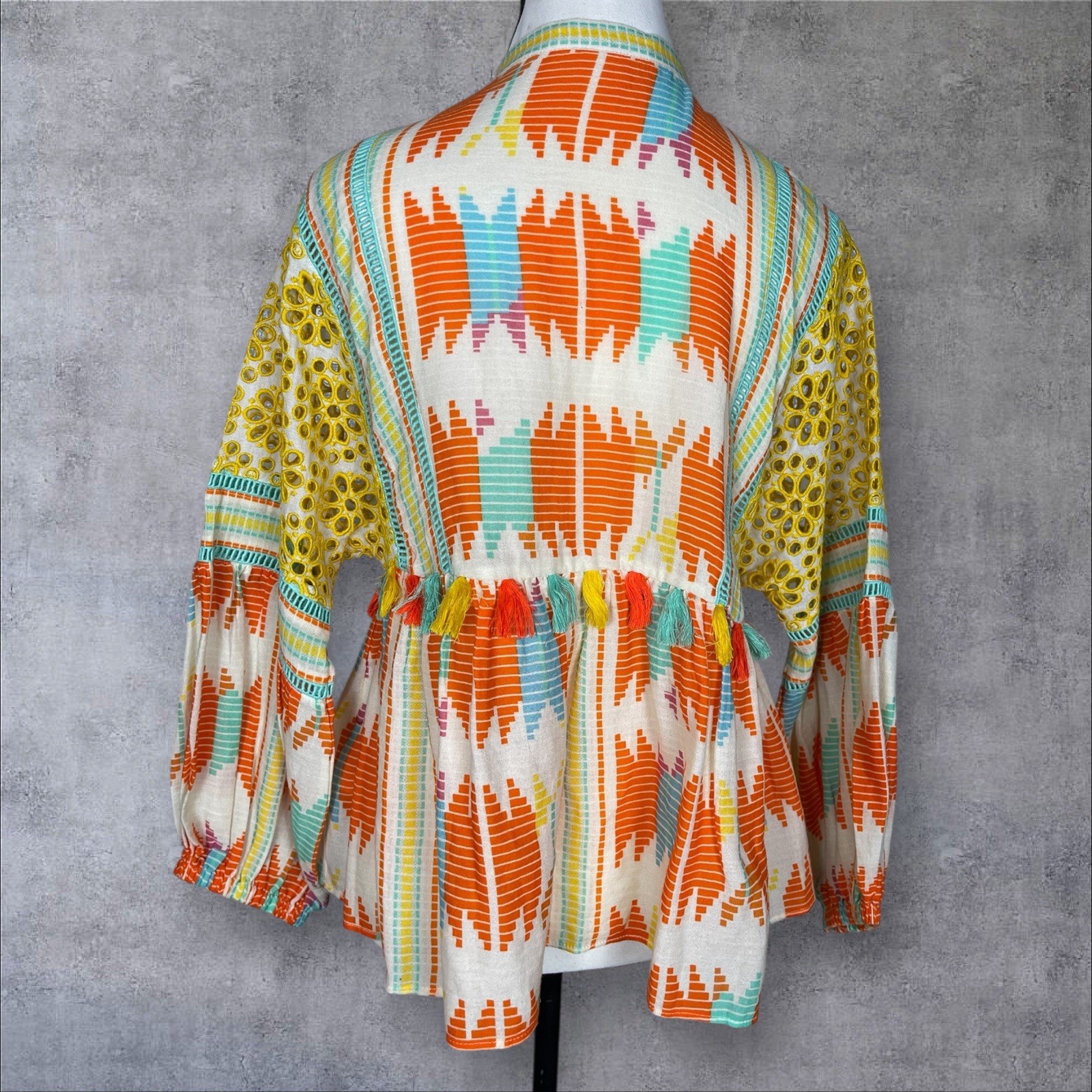 Alice And Olivia Ikat- Print Pullover Top Womens S Tassels Babydoll Boho Coastal