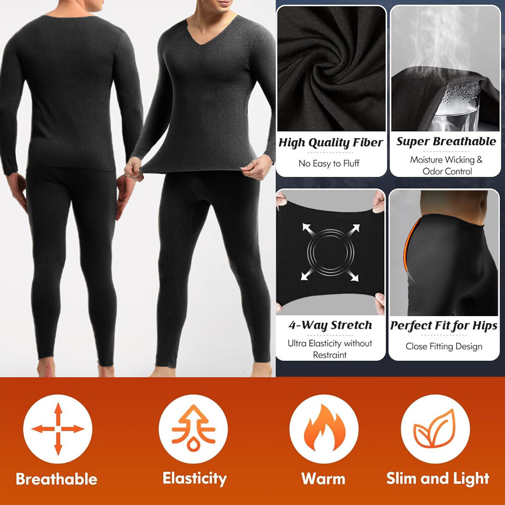 Men’s Fleece Lined Base Layer Set Ski Thermal Underwear Long Johns Top & Bottom