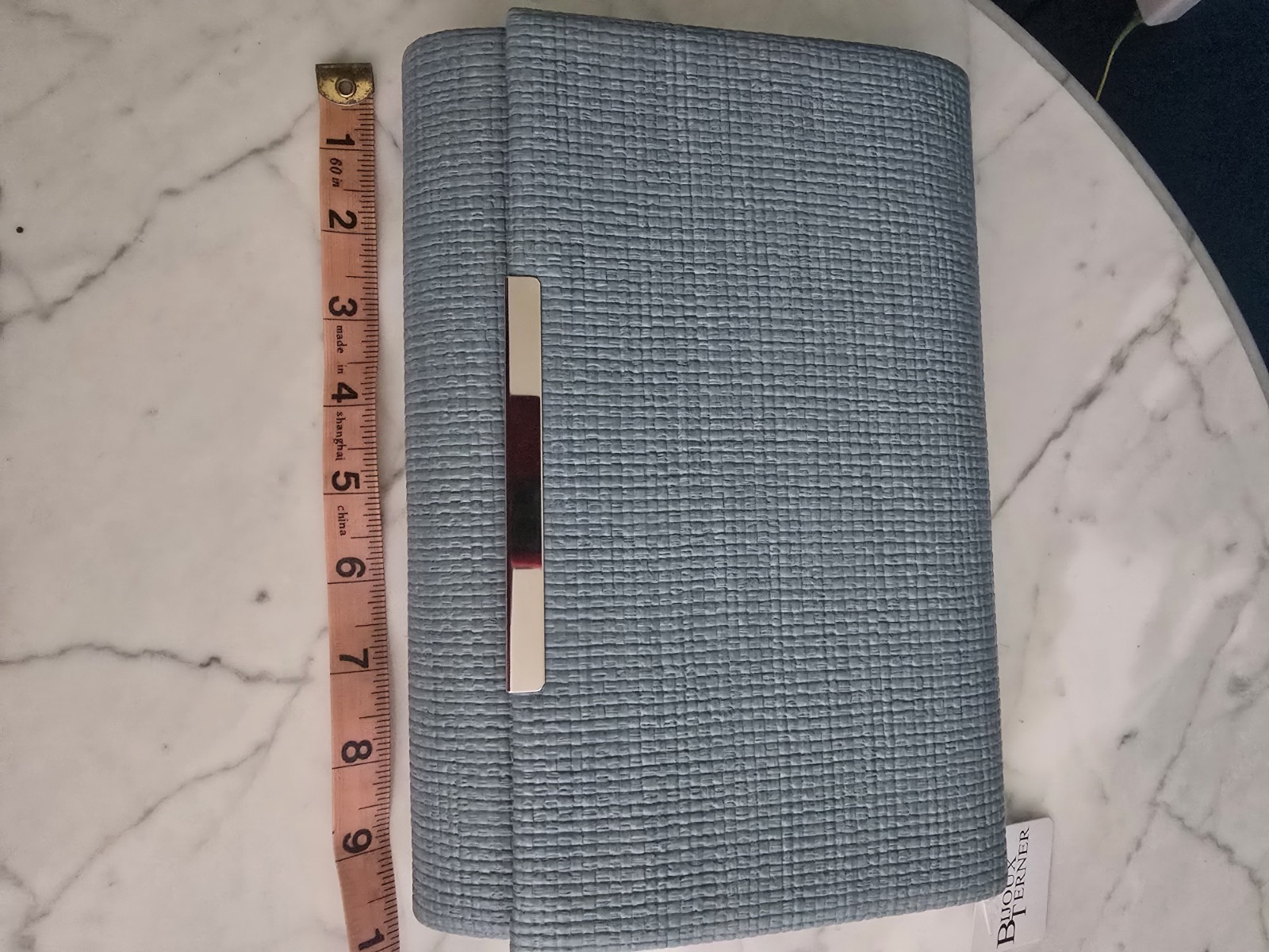 Bijoux Terner Blue Solid Rectangle Clutch Detachable Silver Chain, Magnetic