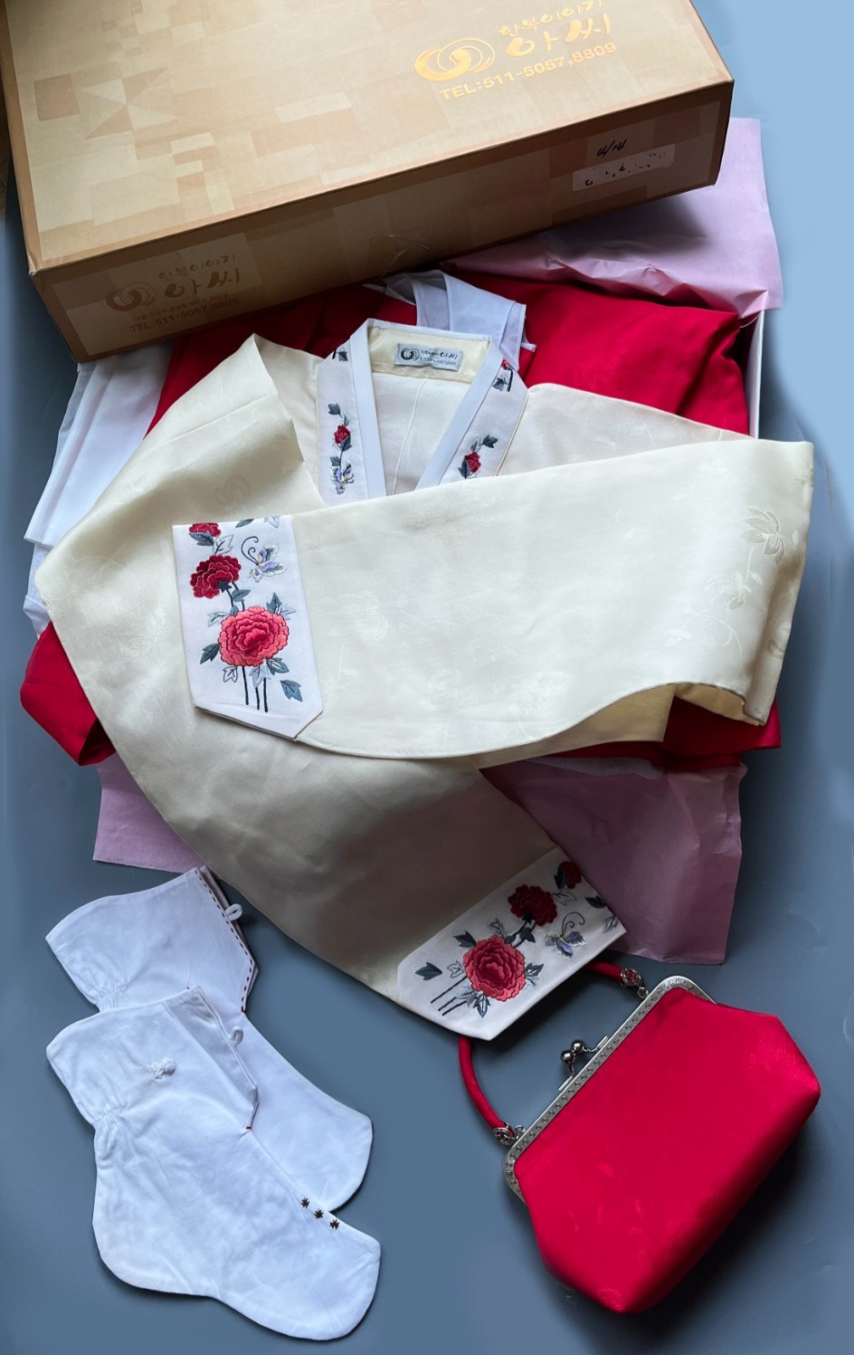 Korean Silk Hanbok Full Set–Peony Embroidered Top & Red Skirt, Original Box