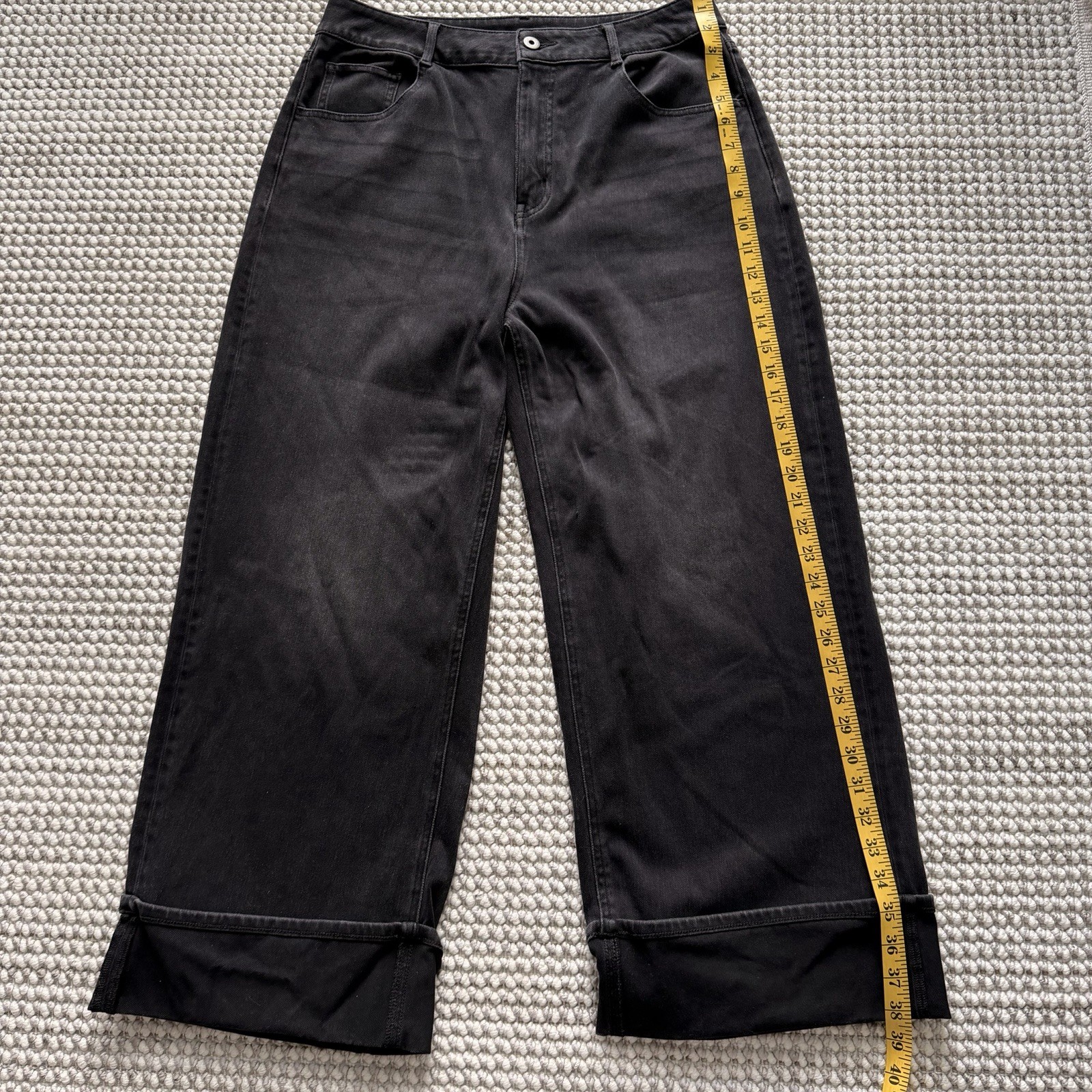 Halara Flex High Waisted Pockets Rolled Hem Wide Leg Black Washed Jeans Large