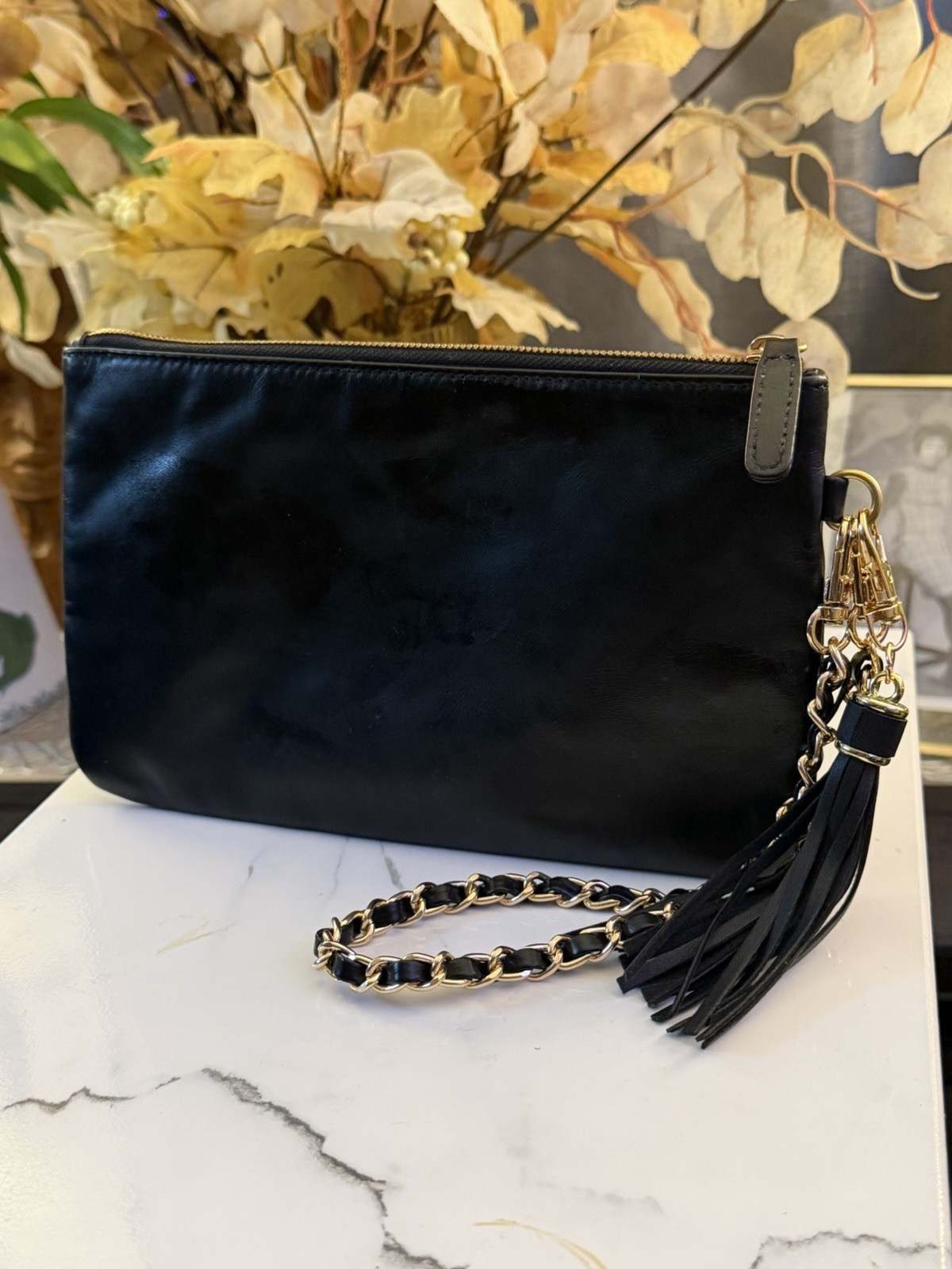 CHANEL Black Quilted Zip Clutch Wrist Strap Chain Tassel Gold CC Logo