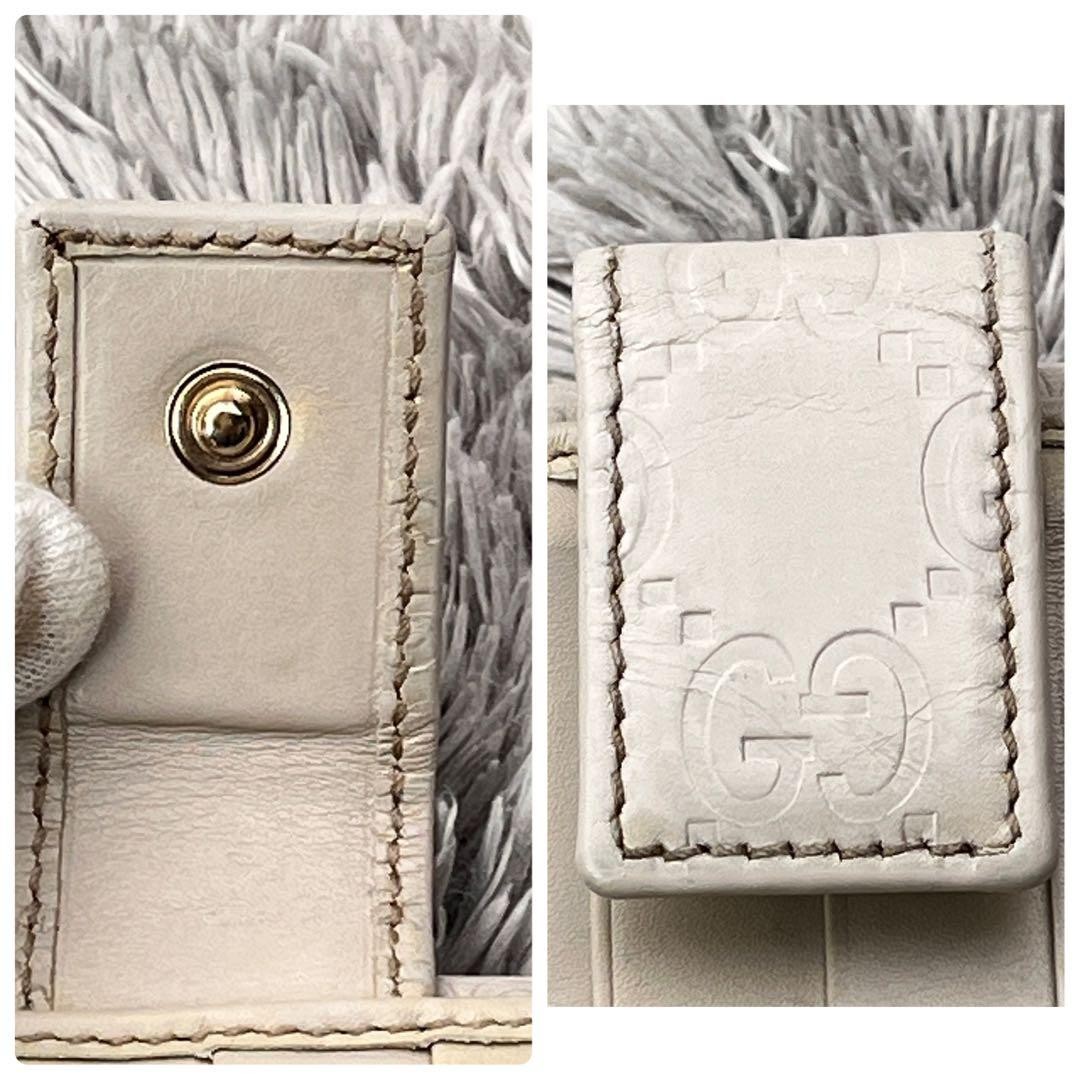 Good Condition GUCCI Shima Logo Plate W Hook White Long Wallet