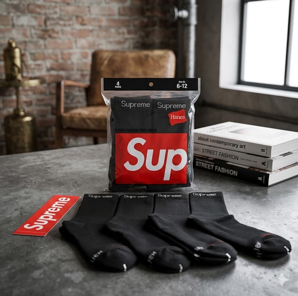 Supreme x Hanes Crew Socks Black 4-Pack Men’s Size 6-12 NWT