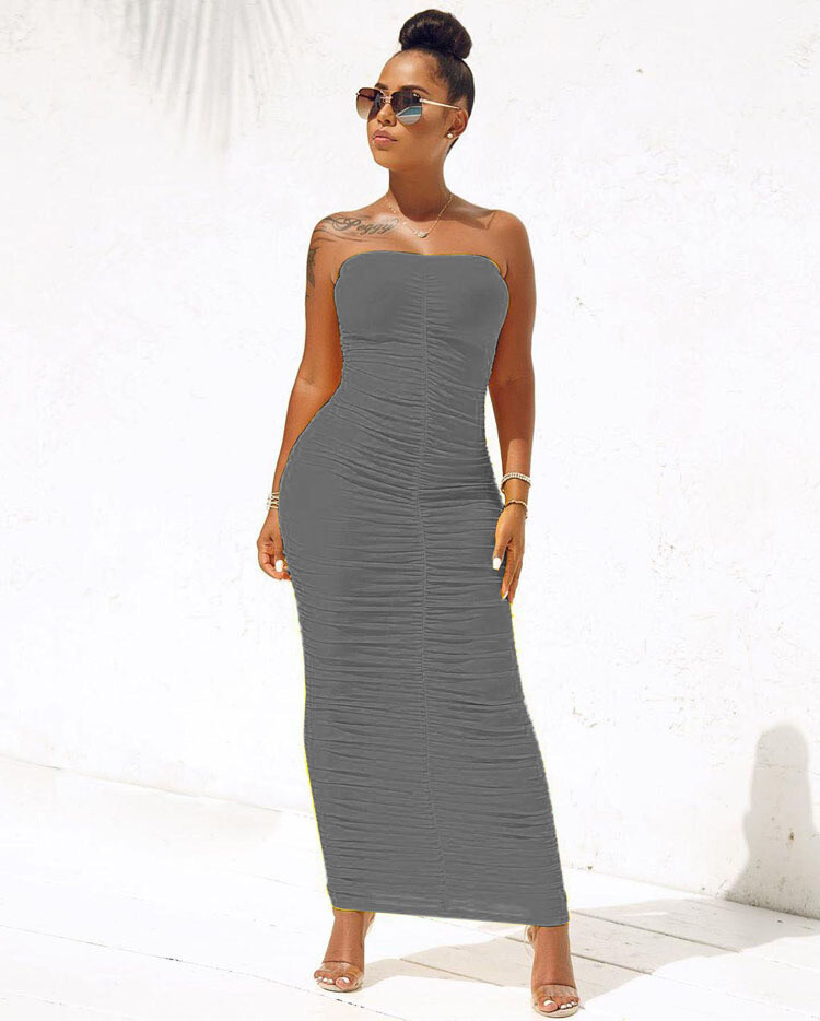 Women’s Sexy Ruched Tight Strapless Sleeveless Bodycon Tube Maxi Long Club Dress