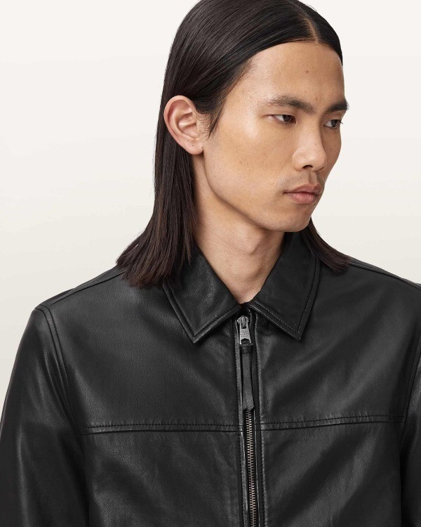 Men’s Black Classic Spread Collar Ribbed Cuff Sheepskin Leather Jacket for Men