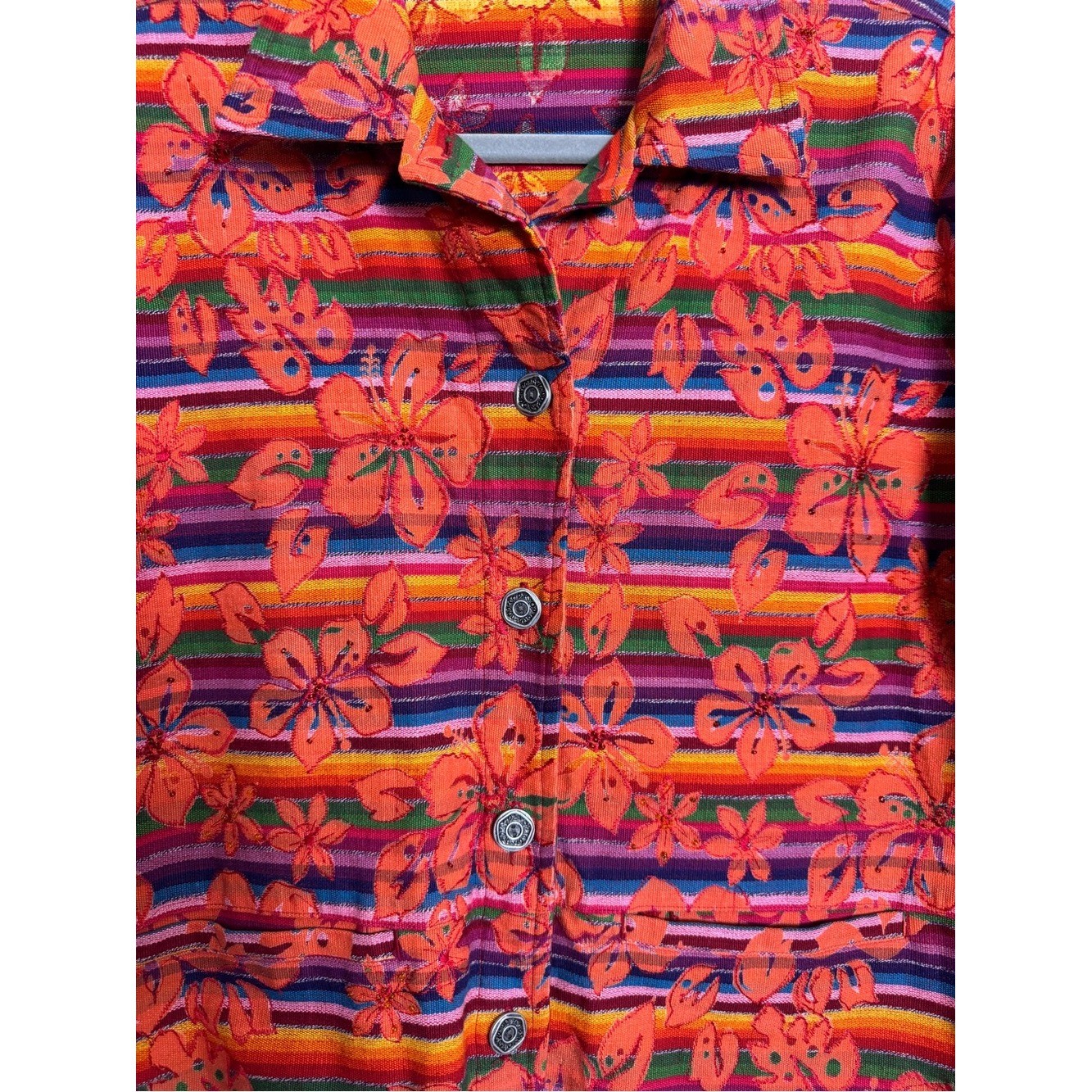 Chico’s Design Bright Orange Artsy Floral Stripe Button-Front Jacket Beaded