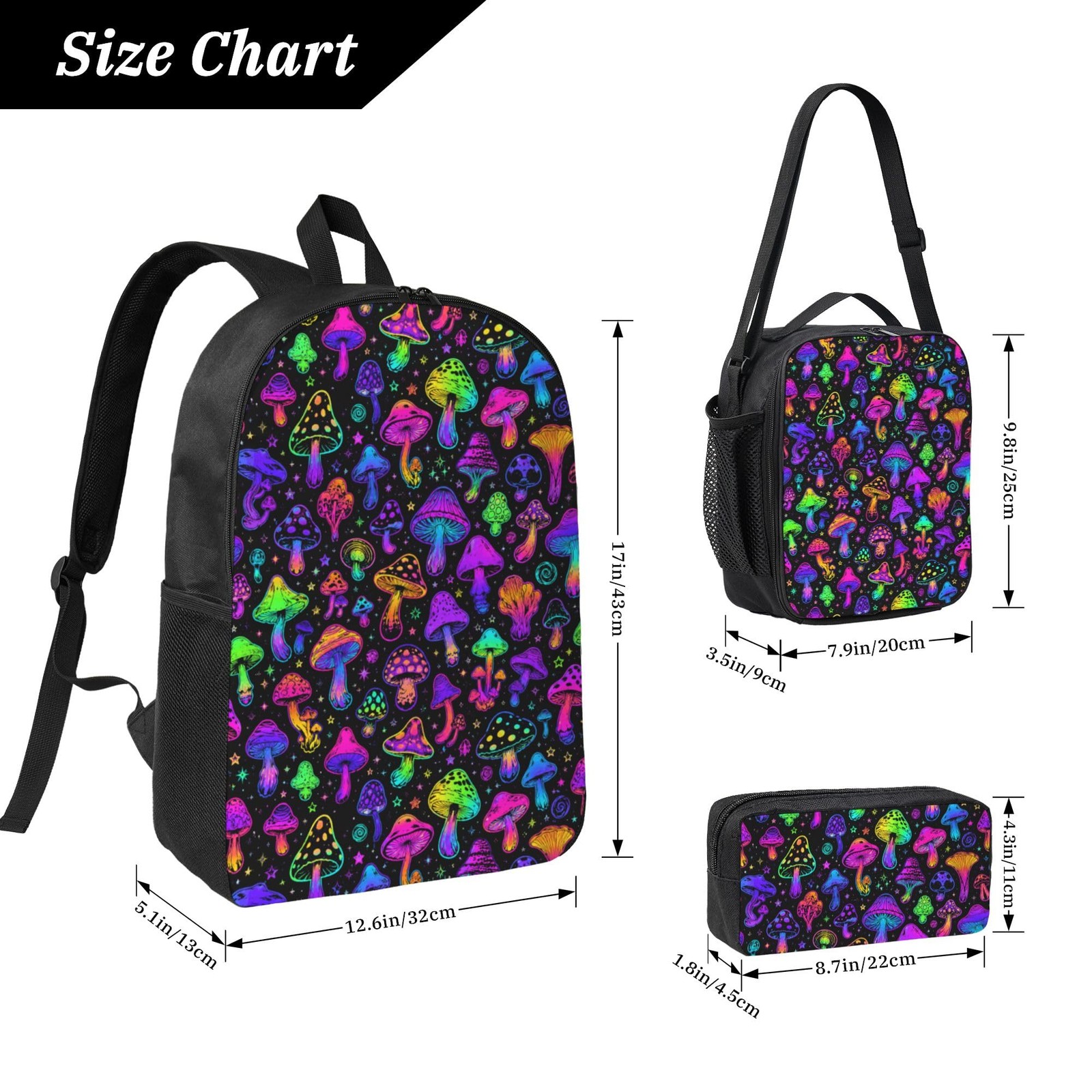 Mushroom School Backpack 12.6″L X 17″H X 5.1″D – 3-in-1 Set with Lunch Box
