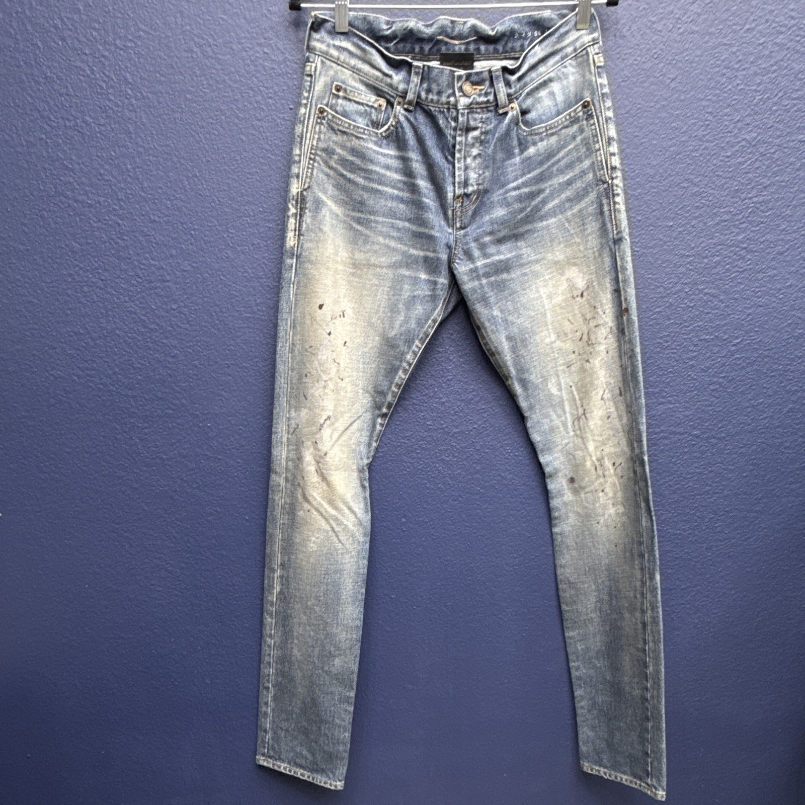 Saint Laurent Paris Men’s Skinny Blue Light Wash Distressed Denim Jeans 28