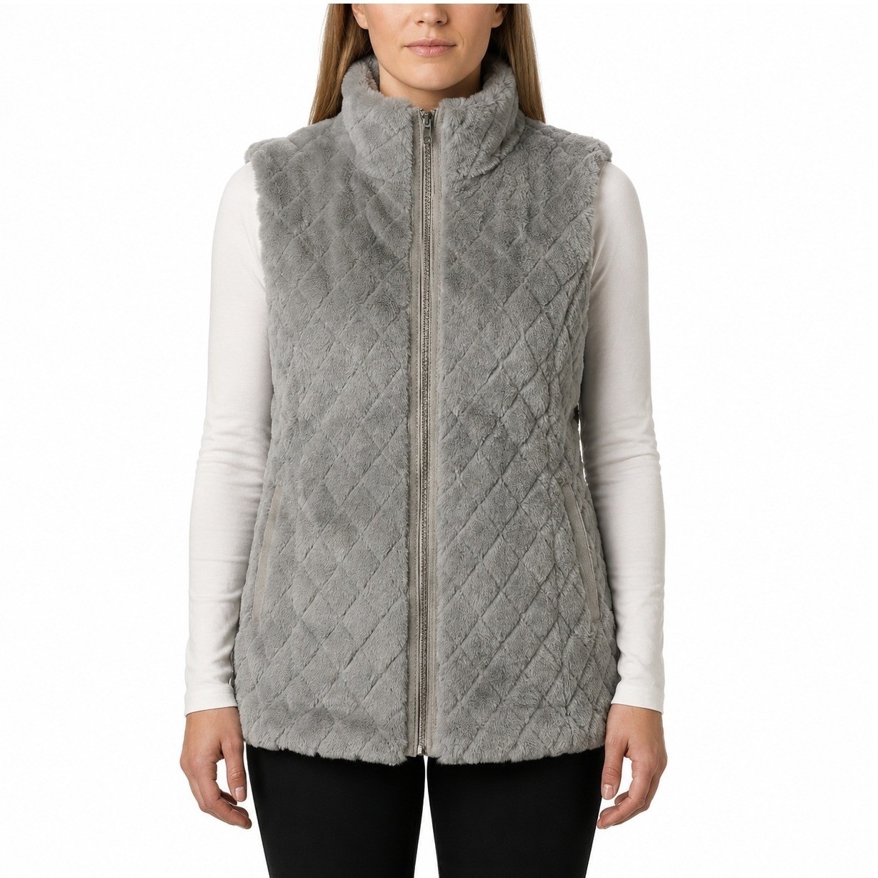 Carmen Marc Valvo Woman Gray Faux Fur Quilted Zip Up Vest Plus Size 1X Luxury
