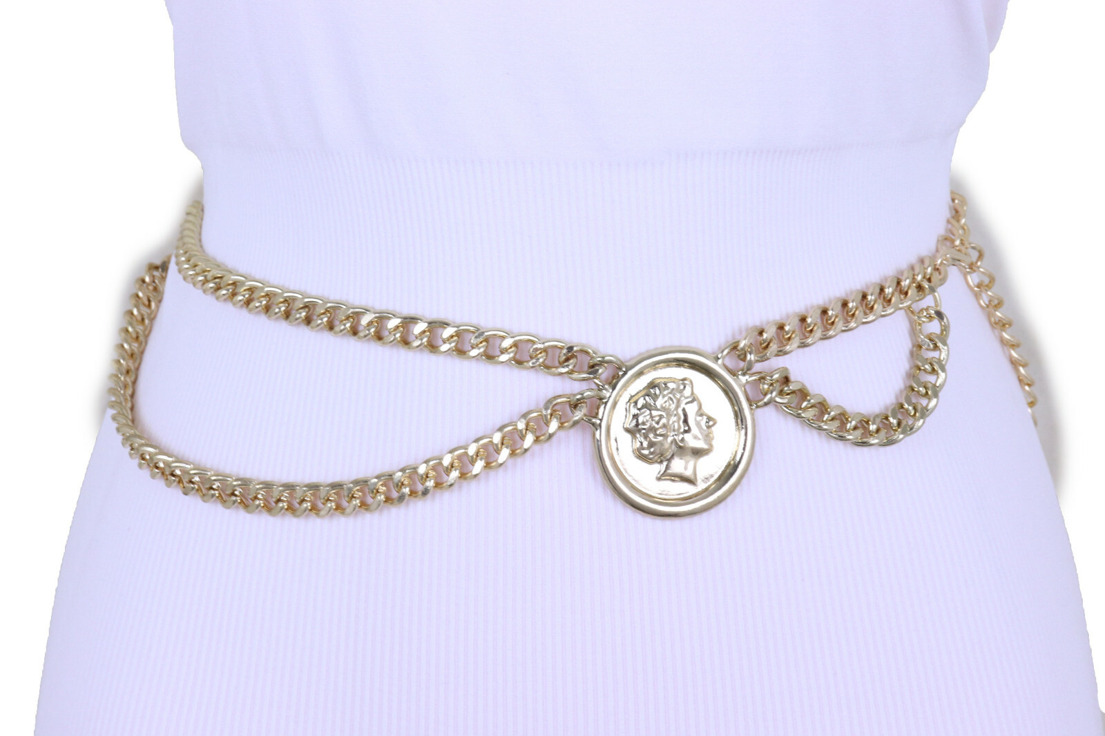 Women Dance Fashion Belt Gold Color Metal Chain Wave Coin High Waist Hip XS S M