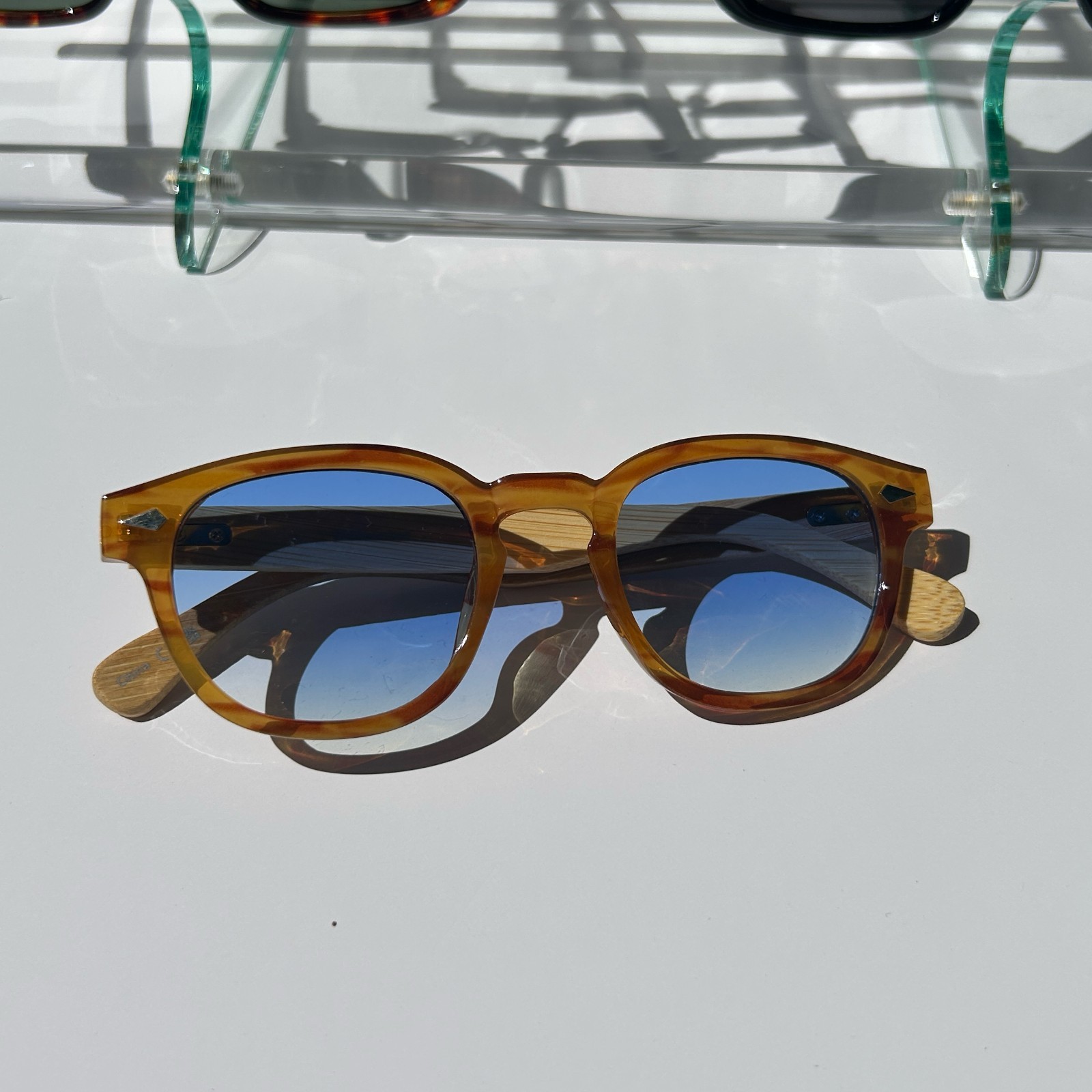 Unisex Square Sunglasses Yellow Frame and Bamboo Temples 100% UV Protection